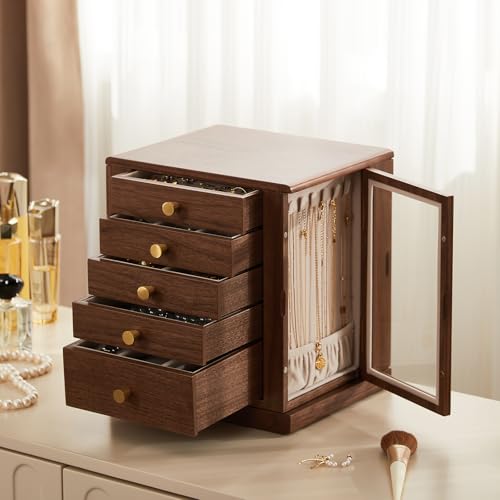 CHOSIN Black Walnut Wooden Jewelry Box, 360° Rotating Organizer with Glass Lid, 5 Drawers for Earrings, Rings, Necklaces – Vertical Jewelry Storage for Women Mothers Day Gifts for Mom - style: 360° Rotatable