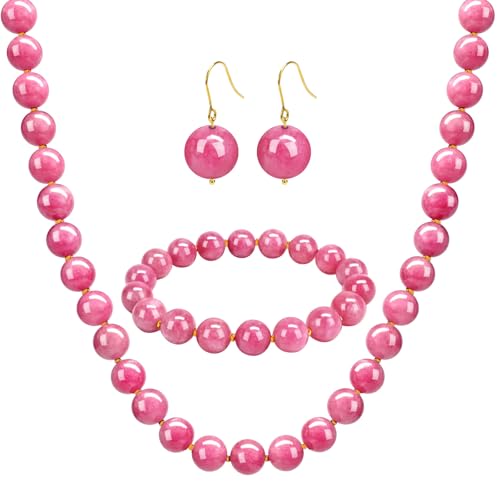 Gemstone Beaded Necklace for Women, Trendy 18K Gold Plated Hematite Natural Stone Bead Choker, Boho Handmade Summer Beach Necklaces for Women Everyday Western Jewelry Gifts - color: Pink Quartz