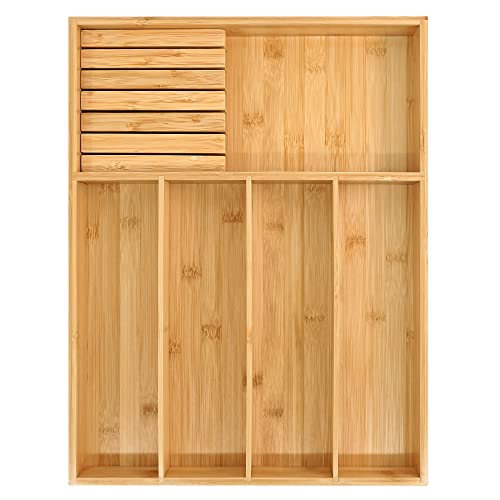 VaeFae Bamboo Silverware Organizer (Non-expandable), Utensil Holder for Drawer, Cutlery Tray with Divider for Kitchen Drawer, Utensil Organizer with Knife Block - color: Natural, size: 5 Slot with block