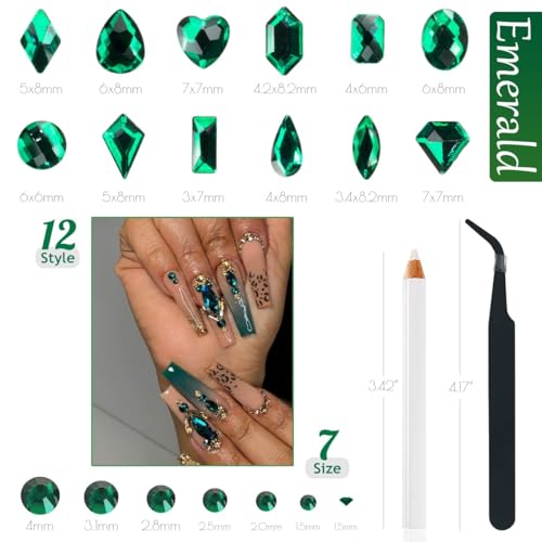 qiipii 4080Pcs Emerald Green Nail Rhinestones K9 Glass Crystal Flat Back Rhinestones Nail Charms Stones Multi Shapes Big Gems Round Beads Nail Art Diamonds jewels for Nails Face Eyes Makeup Crafts DIY - color: Emerald Green, size: A Set