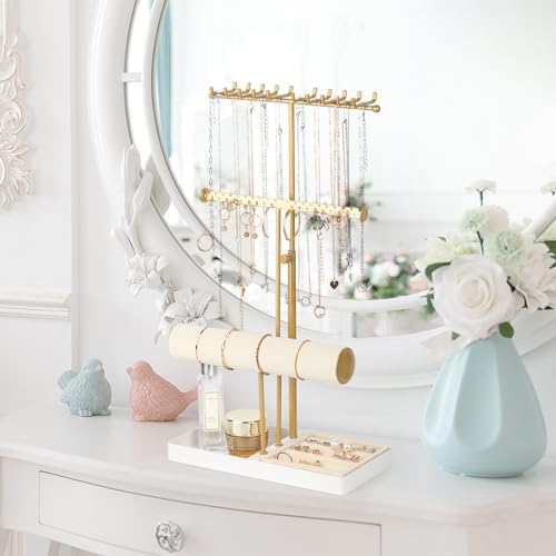 Tirzah 3-Tier Adjustable Jewelry Holder Organizer Stand with 20 Necklace Hooks, 18 Earring Holes and Notches, Bracelet Holder, 6 Ring Rolls, Jewelry Tray for Girls, Women - color: Gold & White, for Necklace Earring Bracelet