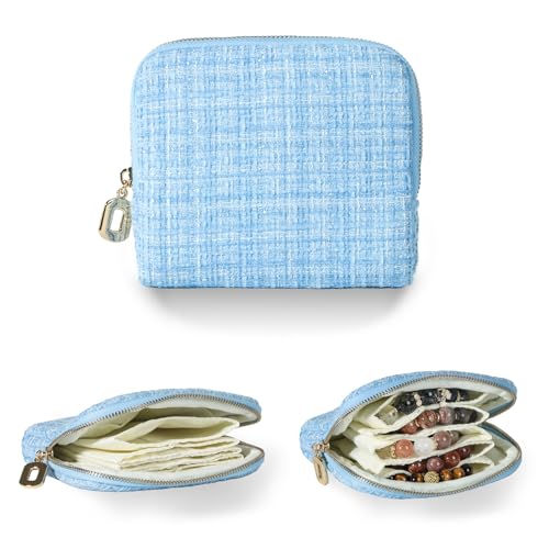 Travel Jewelry Case, Small Tweed Jewelry Bag with Zipper, 5-Layer Anti-Scratch Pouch for Bracelets Necklaces Earrings, Tangle-Free Jewelry Storage, Gift for Her Tweed Blue - color: WOVEN-Blue