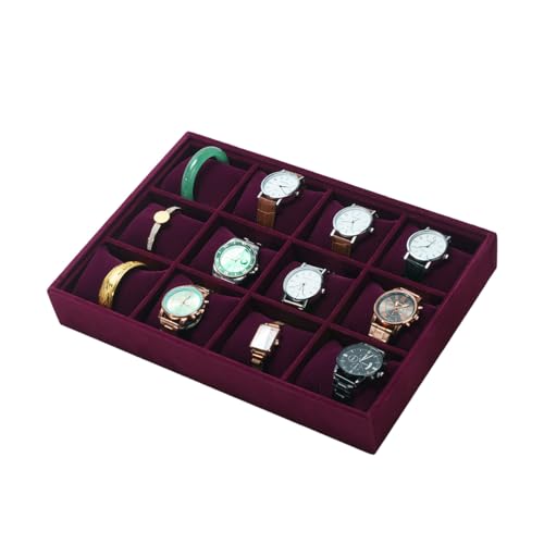 Jewelry Watch Tray, Purple Velvet Watch Jewelry Organizer 12 Grid, Stackable Watch Bracelet Bangle Display Holder, Adjustable Pillows, for Man Woman Show Birthday - color: Purple