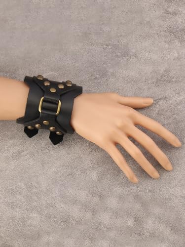 GelConnie Leather Cuff Bracelet Punk Braided Bracelets Rock Leather Wristbands Faux Mens Leather Bracelet Gothic Viking Bangle Adjustable Wrap Bracelet for Women,Men - color: Leather Wide Band Bracelet