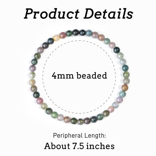 MAIBAOTA Healing Crystal Bracelet for Women Men, 8/4 mm Natural Stone Beaded Bracelets, Jewelry Birthday Gifts, Round Gemstones Stretch Bracelets - color: Multi-Indian Agate, size: 4 mm