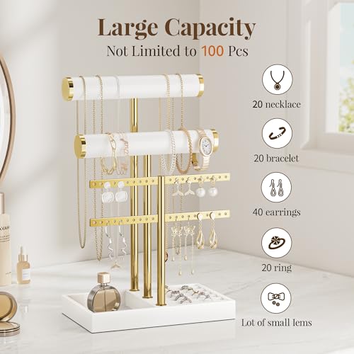 bussdis 3 Tier Bracelet Holder Display - White Leather Bracelet Holder, Detachable T Bar Jewelry Holder Organizer for Bracelet, Necklace, Earrings, Rings, Watches, Bangle - color: White