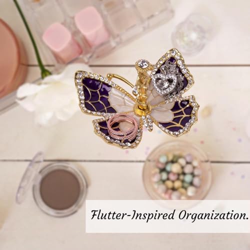 Matashi Butterfly Jewelry Holder for Women, Enamel - Gold Plated Jewelry Stand Organizer Ring Holder w Crystals, Gift for Mom on Christmas, Mother’s Day, Birthday, Anniversary, Valentine’s Day, Purple - color: Purple