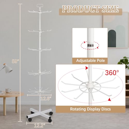 5-Tier Metal Spinning Display Stand Rack with Wheels, Keychain Jewelry Stocking Hat Display Stand, White - color: White