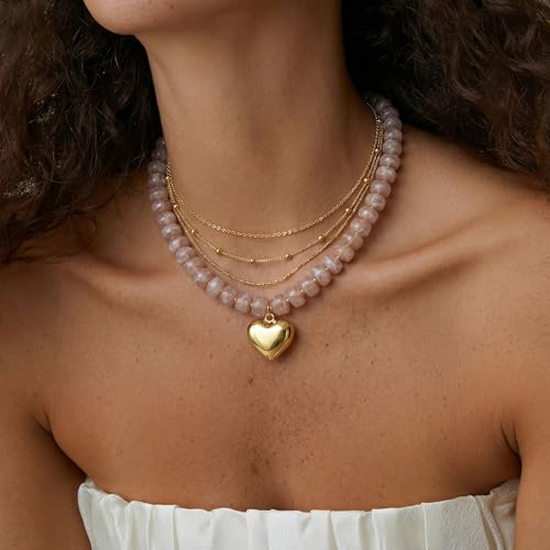 Chunky Heart Necklace for Women, Colorful Acrylic Beaded Statement Puff Heart Necklace, Cute Boho Y2K Choker Necklace for Gift Jewelry - color: Gray