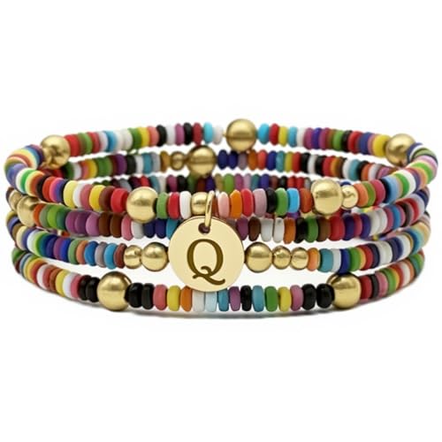Set of 4 Colorful Bead Initial Bracelets, Personalized Stackable Jewelry, Adjustable Stretchy Charm Bracelets for Women, Beaded Bracelet Set, Trendy Custom Jewelry Gift - style: Colorful Bead - Q