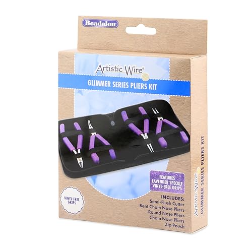 Beadalon Designer Series Glimmer Pliers Kit, Lavender Speckle Vinyl-Free Grips, Chain, Bent Chain, Round, Semi-Flush Cutter, 4.75 in ea, 4 pc with Zip Pouch - color: Lavender Speckle, style: Pliers Kit