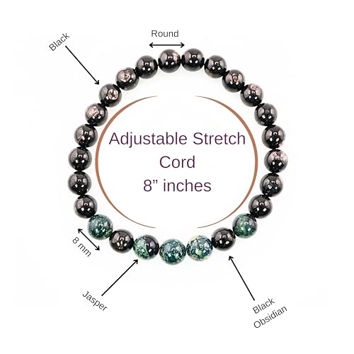 Black Obisidian Bracelets for Men 8" Inch Full Stretch Healing Crystal Bracelet, Beaded Charm Bracelet for Men Gifts Fathers Day Anniversary Birthday Gifts for Him - color: Black Obsidian & Jasper Bracelets