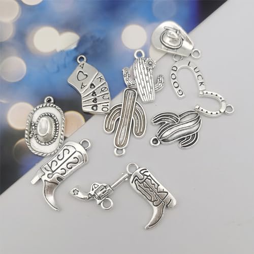 Julie Wang 100 Grams Alloy Western Cowboy Cowgirl Charms Antique Silver Gold Color Boot Hat Pendants for Necklace Earrings Bracelet Jewelry Making Women Gifts Craft DIY Findings - color: Antique Silver
