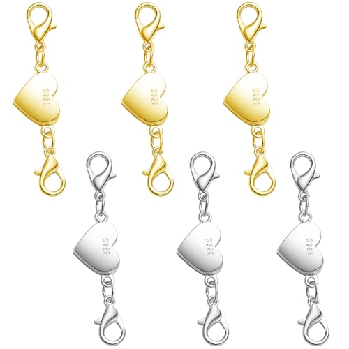 925 Silver Magnetic Necklace Clasps and Closures, Double Lobster Magnetic Necklace Clasps for Bracelet and Necklace Extender (3golden+3silvery) - color: 3golden+3silvery