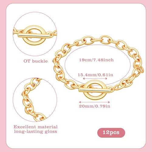 12 PCS Chains Bracelets for Jewelry Making, Gold Stainless Steel Charm Bracelet Chains Link Chain Bracelets with OT Toggle Clasp DIY Jewelry Making Chain for Women Men DIY Crafts Supplies Gifts