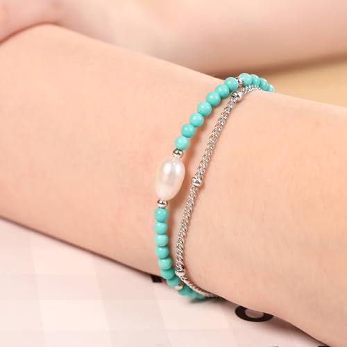 Peridot Stand Silver Gold Bracelets, Handmade Birthstone Stack Bracelet Crystal Gemstones Bead Chain Gift for Women, 8" - color: Silver-06-Turquoise and Baroque Pearls