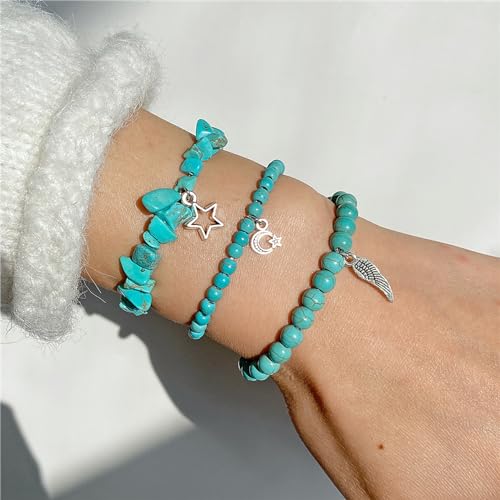 3Pcs Crystal Bracelet for Women Handmade Crystals and Healing Stones Bracelets Natural Stone Beaded Bracelets Set Star Moon Feather Boho Bracelets Birthday Gifts for Women Girls