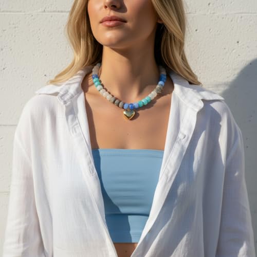 Chunky Heart Necklace for Women, Colorful Acrylic Beaded Statement Puff Heart Necklace, Cute Boho Y2K Choker Necklace for Gift Jewelry - color: Gray-blue