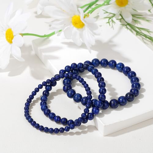 3Pcs Natural Healing Crystal Bracelets for Women Men, 4mm 6mm 8mm Beaded Stretch Bracelet Set, Black Tourmaline Natural Stone Gemstone Jewelry Gifts for Meditation, Reiki & Yoga - color: Lapis Lazuli