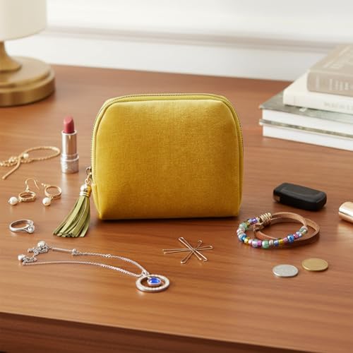 Small Jewelry Travel Case with Tassel Zipper Portable Soft Velvet Organizer Pouch for Bangle, Bracelets Anti-Scratch & Portable Jewelry Bag Holder for Travel (Grass Yellow)
