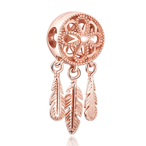 S925 Bead Dangle Charms for Bracelets Necklaces, Compatible with Pandora - style: Dreamcathcer Charm Rose 14K Gold Plated