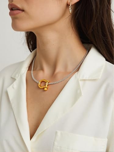18K Gold Plated Buckle Necklace with Heavy Screw Anchor Shackle Wheat Chain Two Tone Carabiner 17.7 Inch Stainless Steel Foxtail Chain - color: Silver necklace with gold clasp