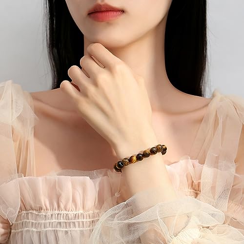 MAIBAOTA Healing Crystal Bracelet for Women Men, 8/4 mm Natural Stone Beaded Bracelets, Jewelry Birthday Gifts, Round Gemstones Stretch Bracelets - color: Brown-Tiger Eye, size: 8 mm
