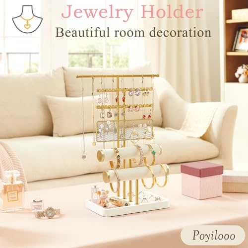 Poyilooo 4 Tier Jewelry Organizer, Earring Holder Jewelry Stand for Necklace Earring Keychains Bracelet Rings Display Jewelry Tree Stand Christmas Gifts for Women (Whitegold) - color: White&gold