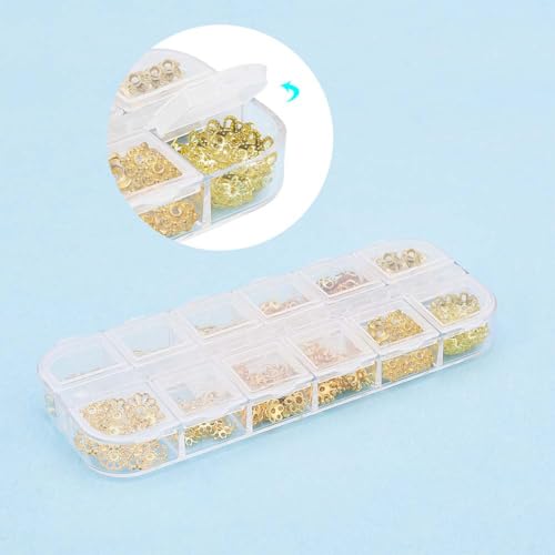 SUNNYCLUE 1 Box 240Pcs Metal Bead Caps 12 Different Flower Bead Ends Filigree Petal Brass Bead Caps Alloy Beads Spacer Accessories with Clear Box for Jewelry Making, Golden - color: 240pcs Golden