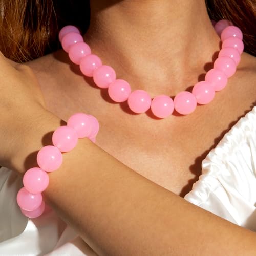 Colorful Chunky Beaded Necklace for Women Acrylic Bead Choker Necklaces Fashion Large Round Beads Necklaces for Women Handmade Summer Jewelry - color: Pink bracelet + necklace