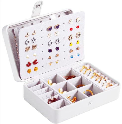 QBestry All-in-One Travel Jewelry Organizer for Women White | Small Jewelry Box with 68 Earring Holes | Compact Portable Jewelry Case for Earrings, Rings, Necklaces | Perfect Gifts for Mom Wife Girls - color: White