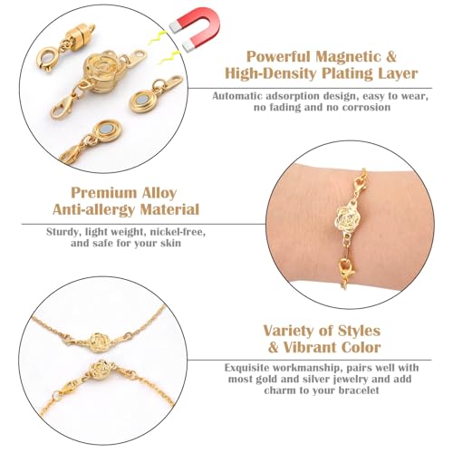 ROADPLUM 18 Pcs 3 Styles Magnetic Necklace Clasps and Closures, Rose Round Cylindrical Jewelry Magnetic Clasp Connector Locking Magnetic Clasp Bracelet Extender for Jewelry Making (Gold) - color: Gold