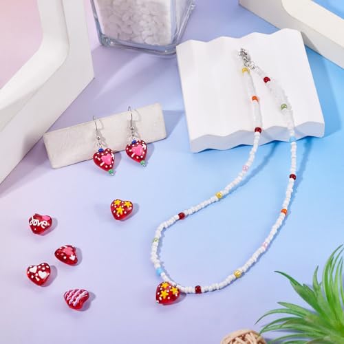 Red Heart Beads Glass Cute Heart Hand Drawn Beads Craftdady 20Pcs Love Loose Spacer Beads Red Bracelet for DIY Earring Necklace Jewelry Making-14mm - color: Red