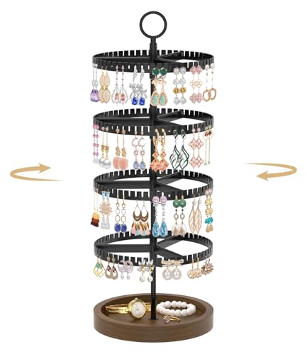 MODOWEY 4 Tier Rotating Earring Holder Organizer Display Tree with Wooden Tray, Adjustable Plastic Stand with 228 Slots for Stud Hoop Hanger, Large Capacity Storage Rack for Women Space Saving, Black - color: Matte Black Brown