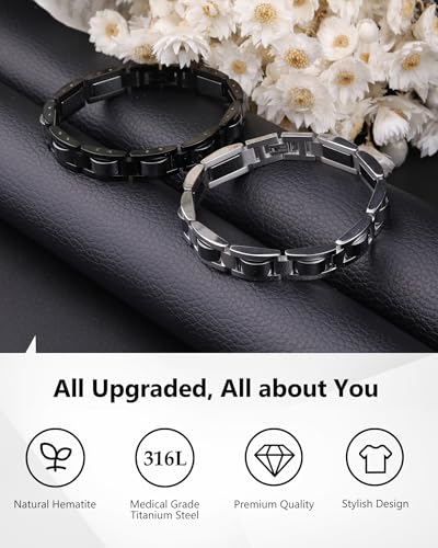 Feraco Mens Magnetic Bracelets, Classic Balck Titanium Stainless Steel Bracelet with Natural Hematite Magnet Stones,Men's Jewelry Gifts, 8.66 inch - color: Silver