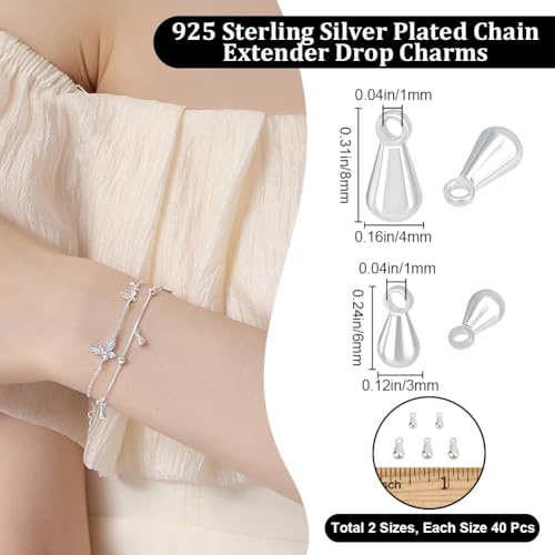 Beebeecraft 1 Box 80Pcs Teardrop Charms Dangle End Beads Extender Chain Drop Water Charms for Jewelry Making Findings - color: Silver, size: 6x3mm/8x4mm