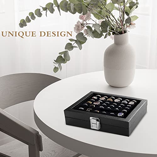Ring Jewelry Organizer Box, 36 Slots Rings Display Storage Case Earring Showcase - Black Velvet Jewelry Stand Holder Tray with Transparent Glass Lid - Ideal Gift for Women Girl - size: 36 Slot