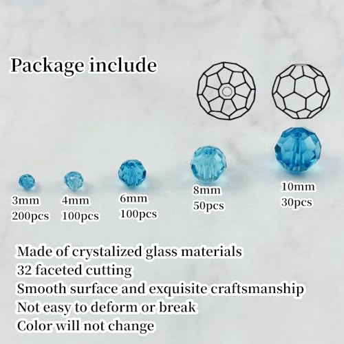 480pcs Crystal Glass Beads 3mm 4mm 6mm 8mm 10mm Round Faceted Glass Spacer Beads for Bracelets Necklace Earring DIY Jewelry Making Craft(Lake Blue) - color: Lake Blue