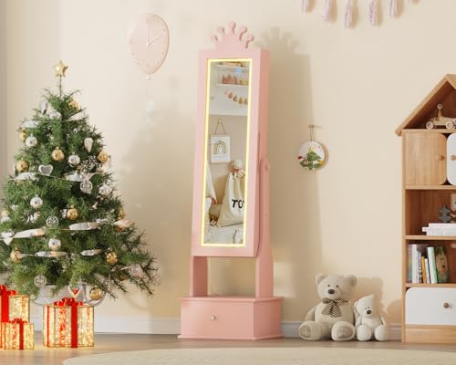 Kids Jewelry Armoire Cabinet with Full-Length Mirror,46"Jewelry Armoire with Led Light, Kids Jewelry Organizer with 3 Storage Drawers,Kids Vanity Dress Up Mirror Jewelry Cabinet for Girls（light Pink) - size: Light pink