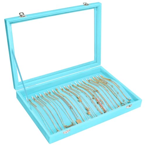 Siveit Necklace Organizer Box Premium 20 Hooks Velvet Necklace Display Jewelry Tray with Transparent Lid Jewelry Necklace Display Box for Necklace Pendants Suitable for Women and Girls (Light Blue) - color: Light Blue