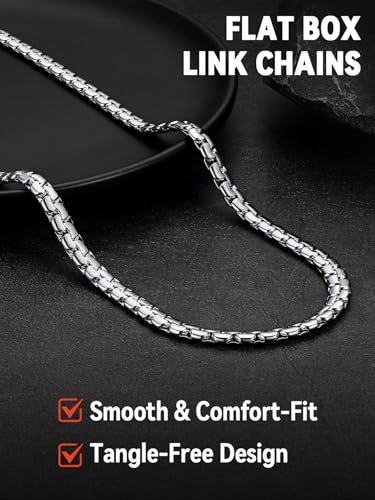 FaithHeart Mens Black/Silver/Gold Stainless Steel Flat Box Link Chain Necklace, Stylish 2/4/6/8mm Width Box Chains Necklaces for Men Non Tarnish Hip Hop Chain Jewelry Gifts,14"-30" Length - color: 2mm Width-Classic Silver, size: 24 Inches Length
