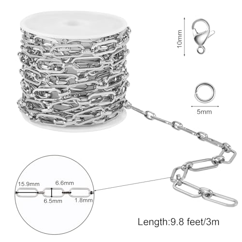 SMYHTGLIF 9.8 Feet Stainless Steel Paperclip Chain Bulk Silver Chain for Jewelry Making DIY Jewelry Roll with Lobster Clasps and Jump Rings - color: Paperclip Silver