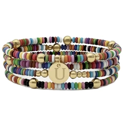 Set of 4 Colorful Bead Initial Bracelets, Personalized Stackable Jewelry, Adjustable Stretchy Charm Bracelets for Women, Beaded Bracelet Set, Trendy Custom Jewelry Gift - style: Colorful Bead - U
