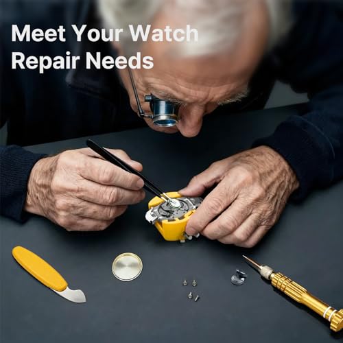 EasyTime Watch Case Opener Tool: Watch Battery Replacement Tool Kit for Back Removal and Maintainance with Adjustable Case Opener, Screwdriver, Tweezers, Opening Knives - color: Yellow