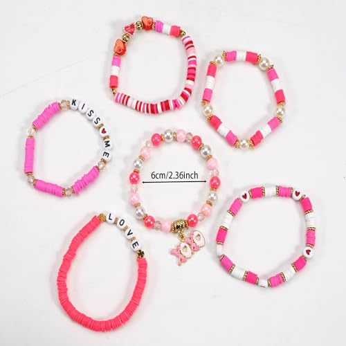 6PCS Valentine’s Day Clay Heishi Bracelet Set for Women- Red Pink Heart Love KISS XOXO Beaded Stretch Bracelets - Handmade Polymer Clay Crystal Glass Stackable Jewelry Gift for Galentine's Anniversary - color: LOVE-01