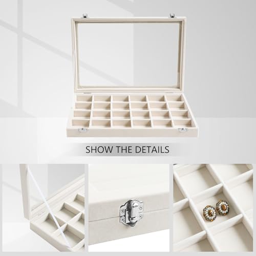 Wudygirl Jewelry Organizer Earring Holder Jewelry Tray with Lid Velvet Jewelry Box Jewelry Display Case Bracelet Earrings Ring Holder for Women Dresser (Beige 24 Grid Jewelry Tray) - style: Beige 24 Grid Tray