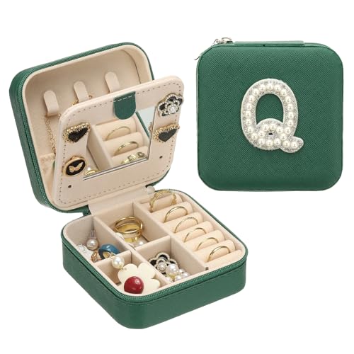 PATIKIL Travel Jewelry Case, Q Initial Small Travel Jewelry Box Organizer Rings Earrings Storage Case Personalized Gifts for Women Girls Birthday Christmas Bridesmaid Gifts, Dark Green - style: Q