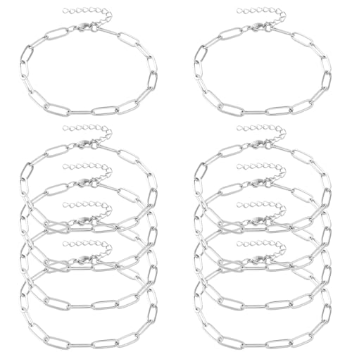 Exway 10 Pcs Paperclip Charm Bracelets Chain 6.5 Inch Stainless Steel Sliver Chain Bracelets Kit with Lobster Clasps for Crafts DIY Women Jewelry Making - color: silver style B, size: 6.5in