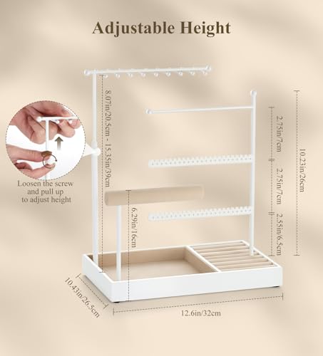 Emibele Jewelry Holder, Jewelry Organizer Stand Necklace Earring Bracelet Holder, 5 Tier Jewelry Display Tower Rack with Metal Frame and Velvet Ring Tray, Aesthetic Jewelry Stand Gift for Women, White - color: White