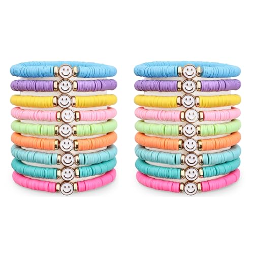 JIASHUYEYE Preppy Bracelets for Teen Girls - Stackable Boho Surfer Friendship Bracelets Set for Little Girls & Women - style: 18Pcs - Smiley Face A
